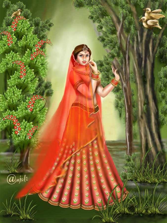 Radhas Beauty In Orange Indian Art Digital Art