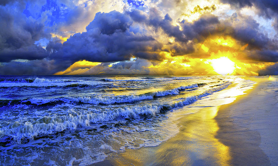 Radiant Yellow Sunset Gray Blue Ocean Waves Photograph by Eszra Tanner