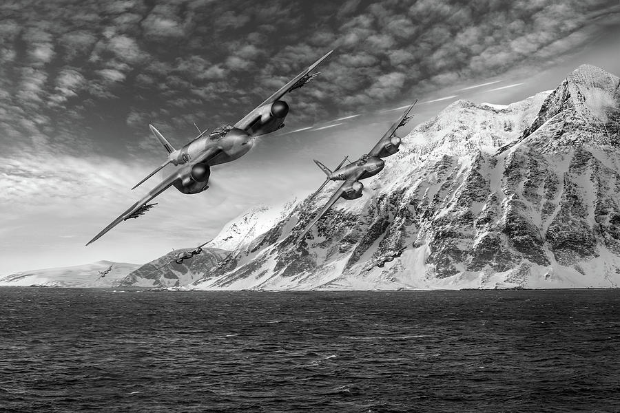 RAF Mosquitos in Norway fjord attack BW version Photograph by Gary Eason
