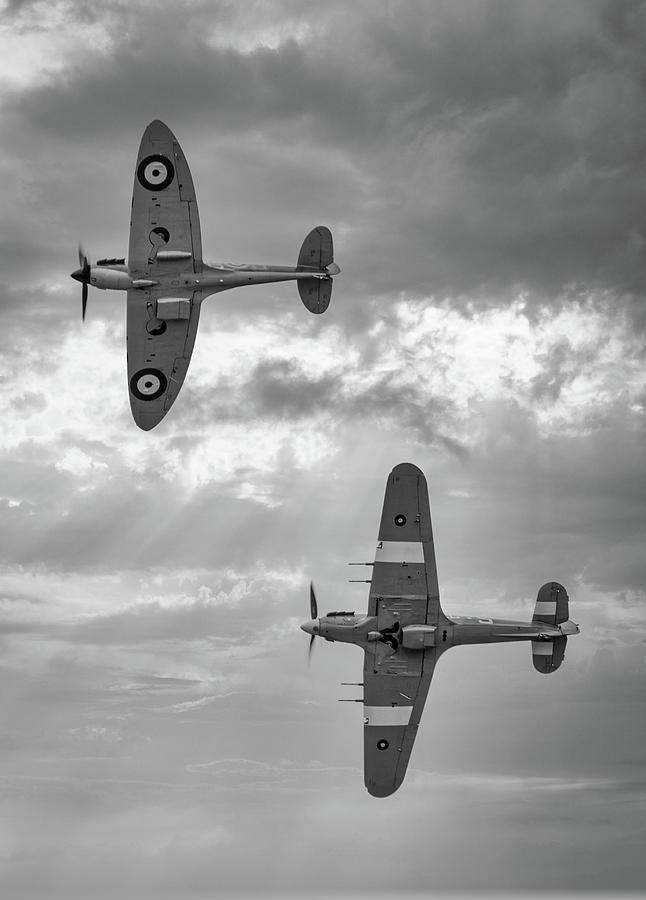 RAF Spitfire and Hurricane, World War 2 Fighter Aircraft Black and White Photograph by Rick Deacon