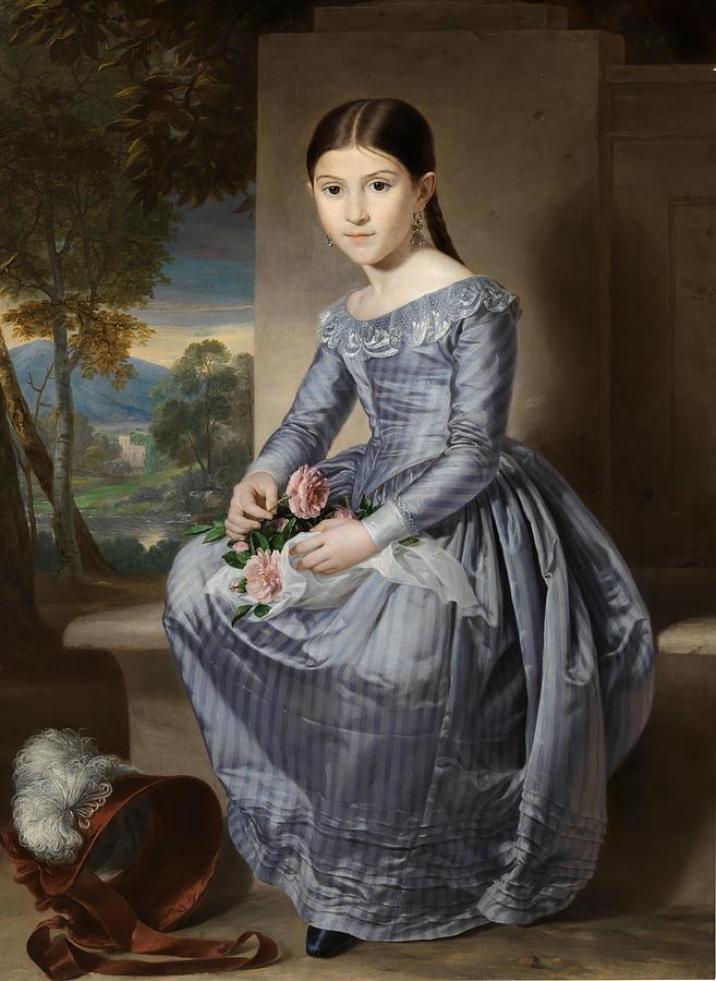 Rafael Tegeo Diaz Portrait of a Seated Girl with a Landscape., 1842, Spanish School. Painting by Rafael Tejeo -1798-1856-
