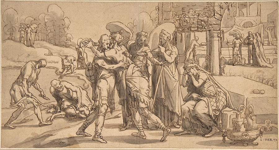 Raguels Reception of Tobias at Ecbatana Drawing by Pieter Aertsen