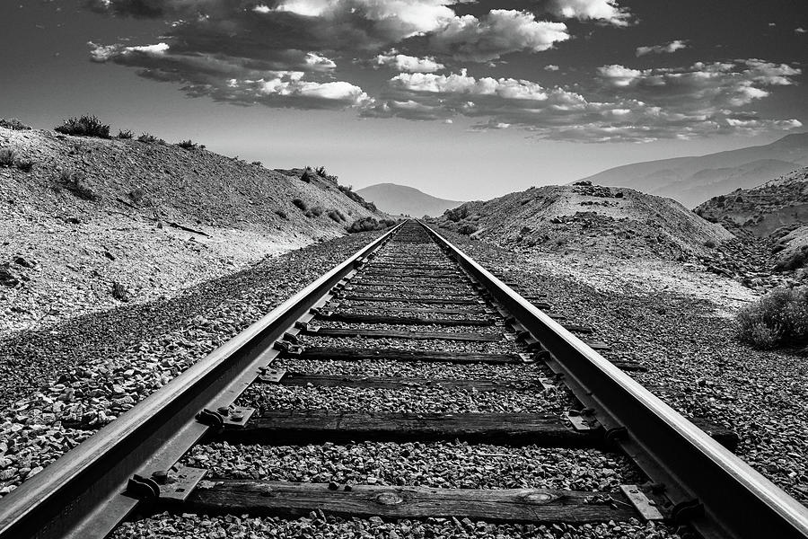 Rail To Infinity Black And White Photograph