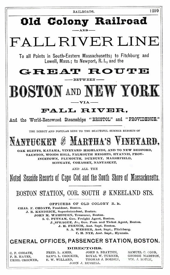 Art Print Vintage Old Colony Railroad Ad Boston Fall River New York Mixed Media by Gary Roberts