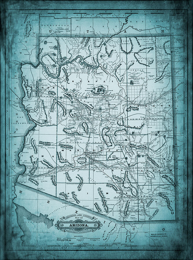 Railroad and County Map of Arizona 1887 Blue Photograph by Carol Japp ...