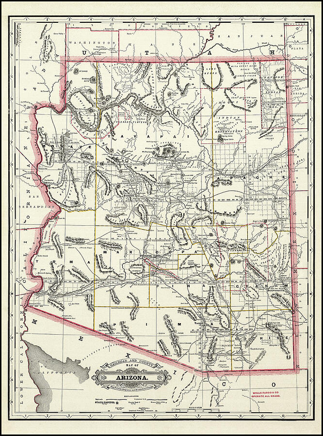 Railroad and County Map of Arizona 1887 Photograph by Carol Japp - Pixels