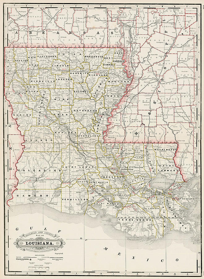 Railroad and County Map of Louisiana Chicago Painting by George F Cram ...