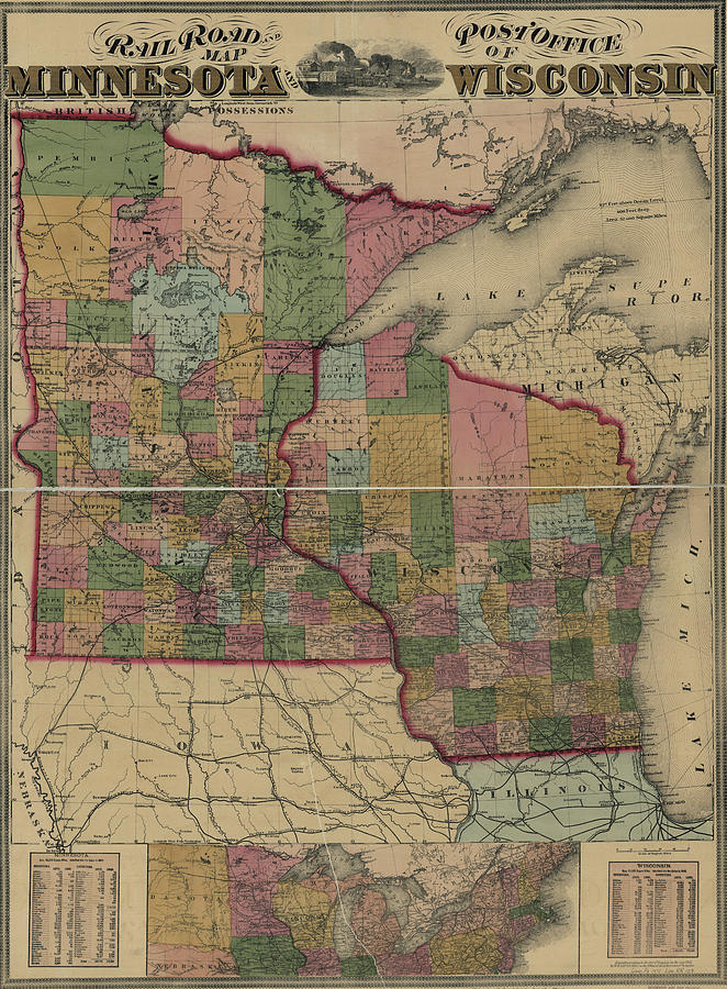 Transportation Drawing - Railroad and post office map of Minnesota and Wisconsin 1871 by Vintage Railroad Maps