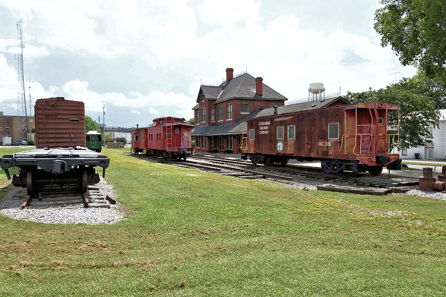 Railroad Freight Cars Cabooses And Train Station Tuscumbia Alabama Photograph by John Trommer