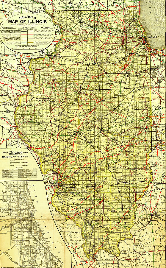 Railroad Map of Illinois - 1898 Drawing by Joseph S Giacalone