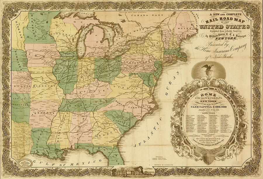 Transportation Drawing - Railroad map of the United States 1858 by Vintage Railroad Maps