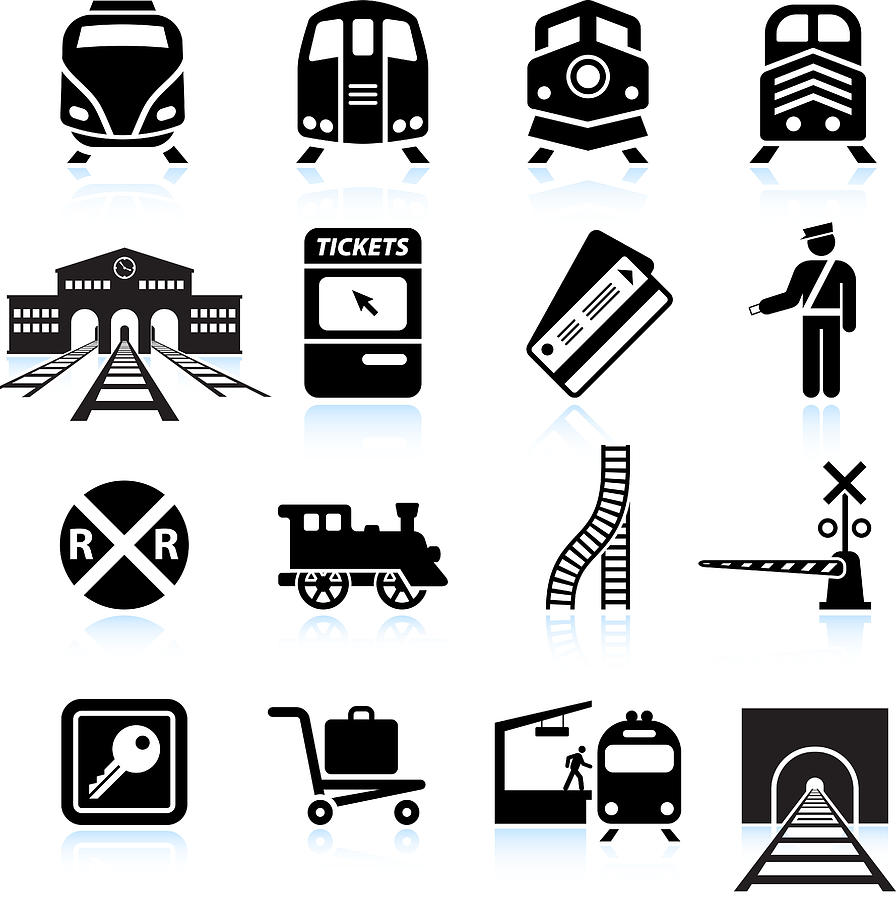 Railroad Station and Service black & white icon set Drawing by Bubaone