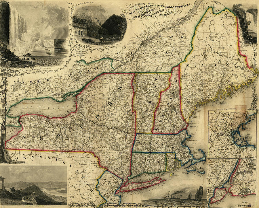 Transportation Drawing - Railroad steam boat and stage route map of New England New York and Canada 1850 by Vintage Railroad Maps