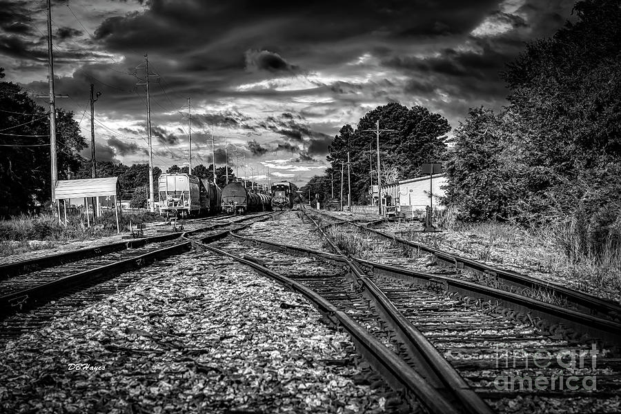Railroad Sunset Black-White Mixed Media by DB Hayes