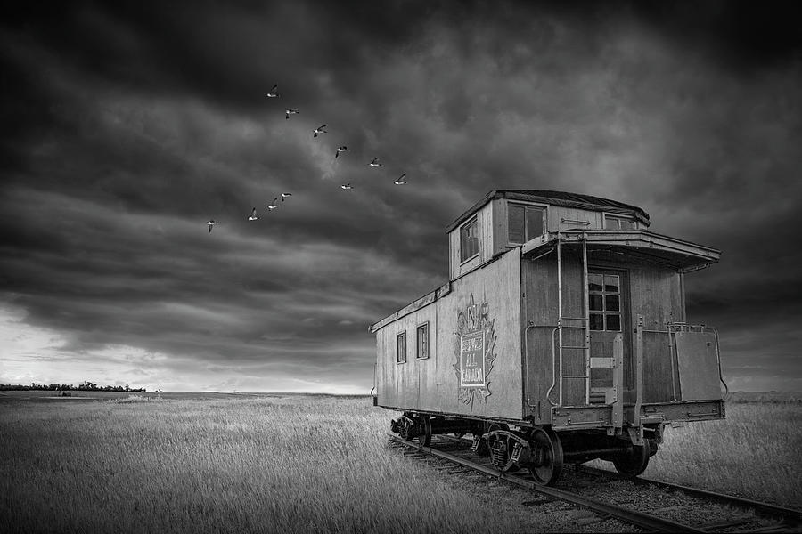 Railroad Train Red Caboose on Prince Edward Island in Black and White Photograph by Randall Nyhof