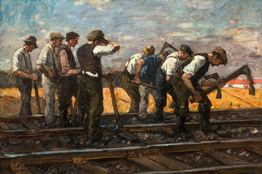 Railroad Workers Adzing For Tie Plates Painting By Leonhard Sandrock Fine Art America