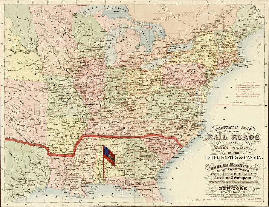 Transportation Drawing - Railroads and water courses in the United Sates and Canada by Vintage Railroad Maps