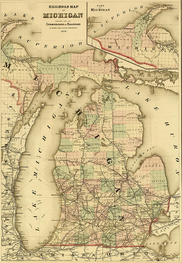 Transportation Drawing - Railroads of Michigan 1874 by Vintage Maps