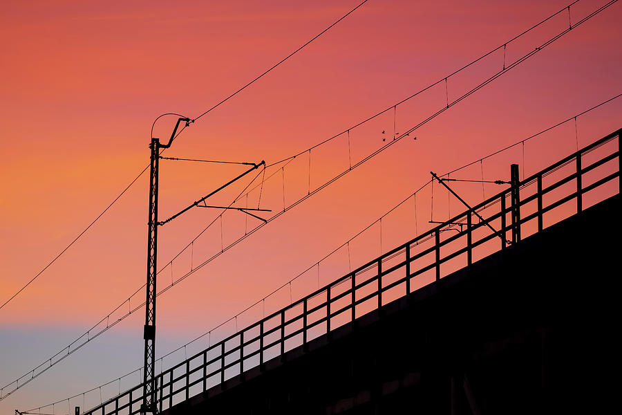 Railway Bridge Electric Traction Sunset Silhouette Photograph by Artur Bogacki