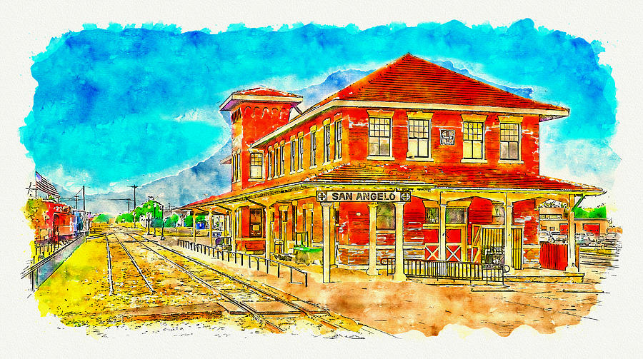 Railway Museum of San Angelo, Texas - pen sketch and watercolor Digital Art by Nicko Prints