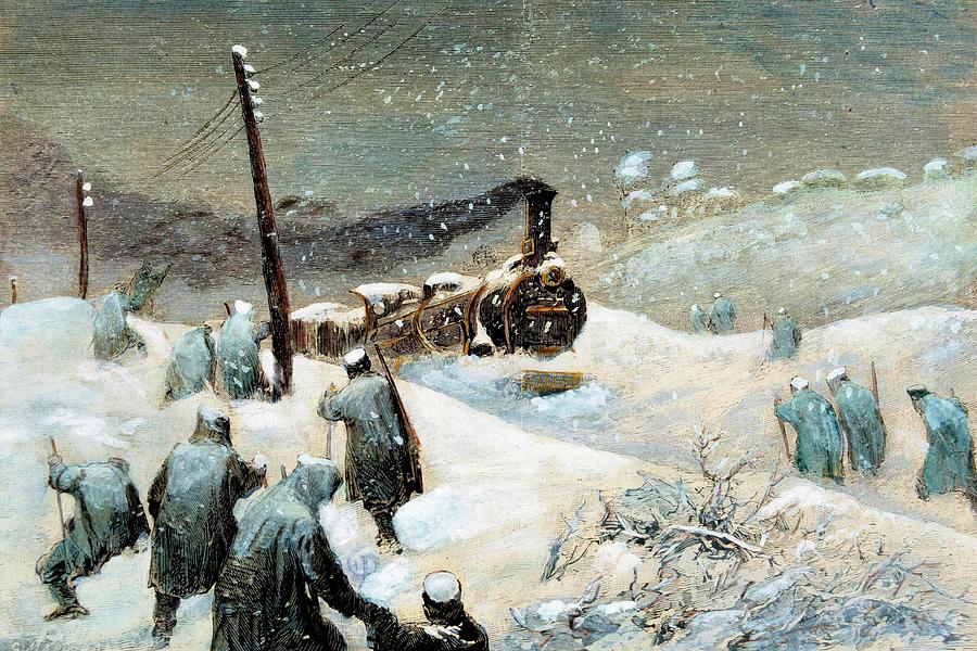 Railways. Spain. Pozazal -santander- Train Stopped By Snow. Recorded. Spanish And American Illust... Painting by Album