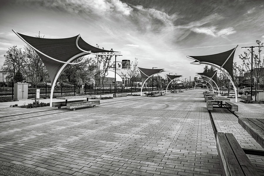 Railyard Park Promenade In Downtown Rogers Arkansas - Black And White Photograph by Gregory Ballos