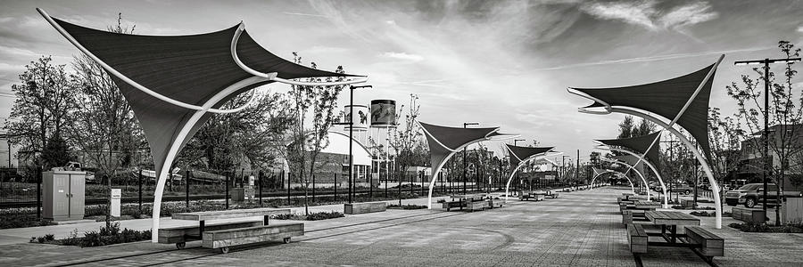 Railyard Park Promenade In Downtown Rogers Arkansas Panorama - Black And White Photograph by Gregory Ballos