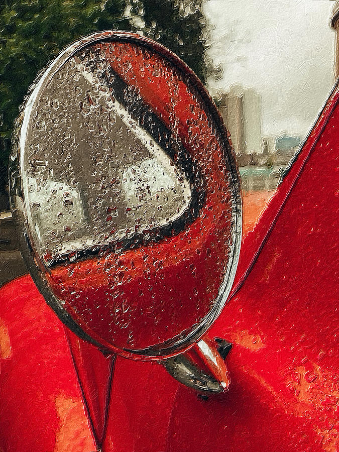 Rain Drops On Rear View Mirror Red Painting by Tony Rubino