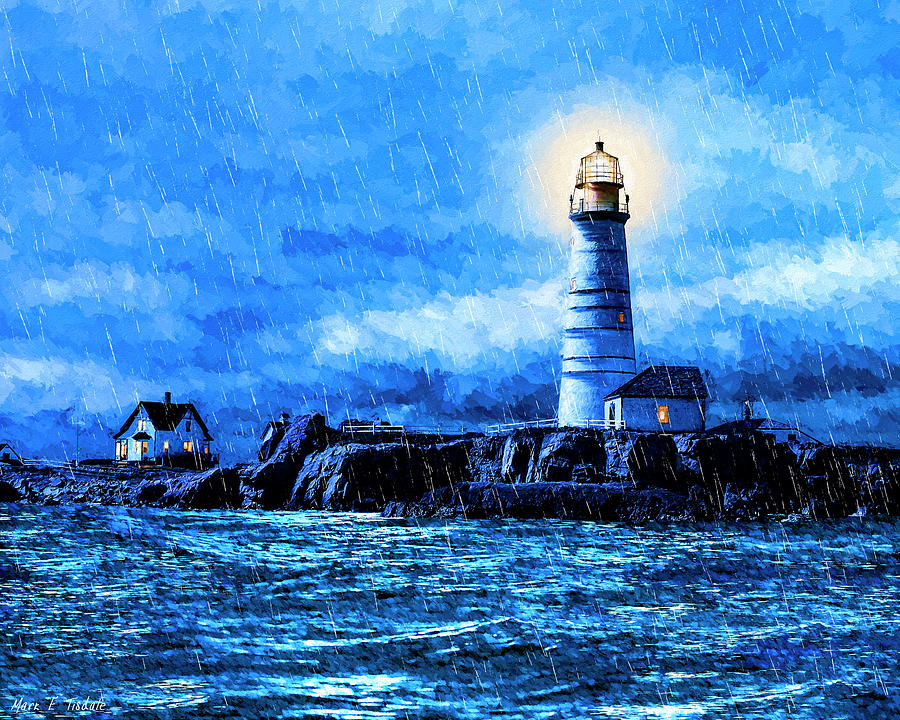 Rain Falling On Boston Light - Little Brewster Island Mixed Media by Mark Tisdale