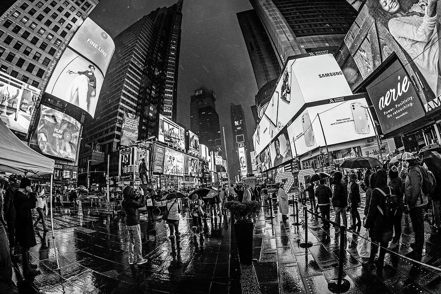 Rain Night in Times Square New York City Night Life Black and White Photograph by Toby McGuire