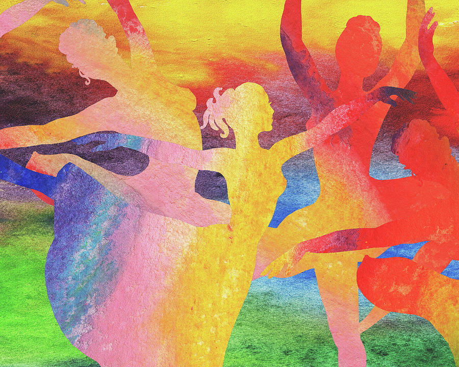 Rainbow Ballerinas Watercolor Dance Silhouette I  Painting by Irina Sztukowski
