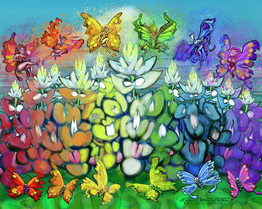 Rainbow Bluebonnets Scene w Pixies Digital Art by Kevin Middleton