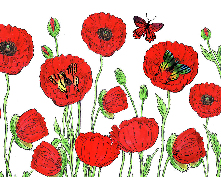 Rainbow Butterflies On Red Poppies Watercolor Painting