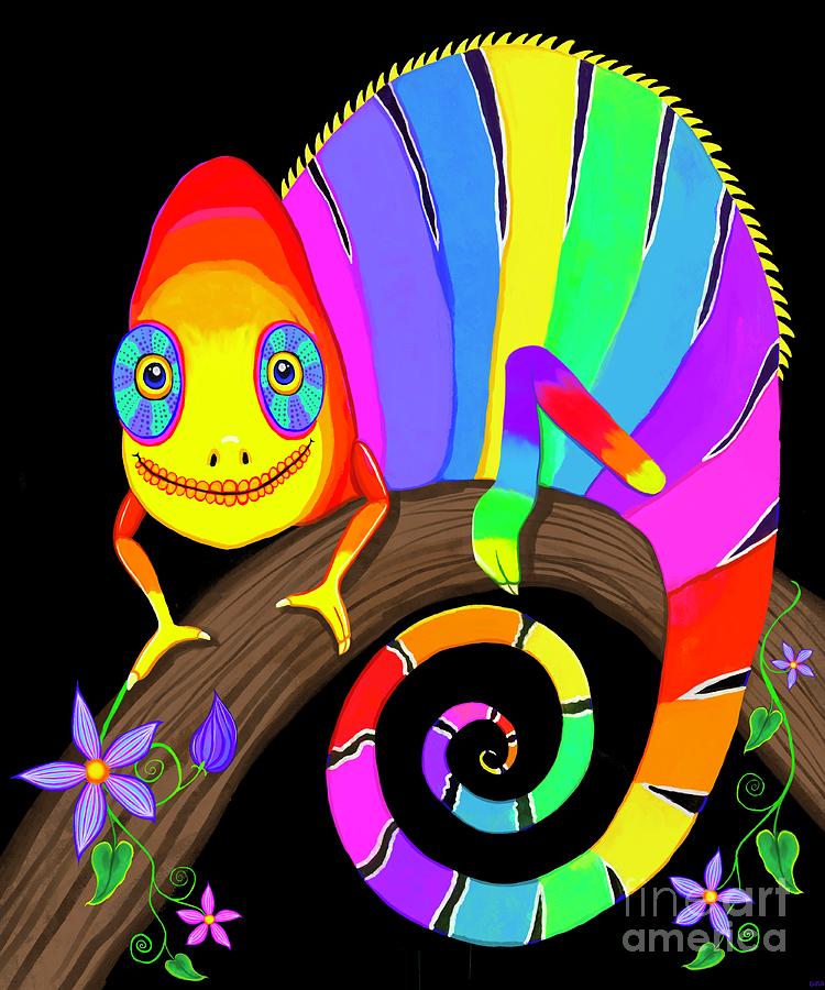 Rainbow Chameleon and Flowers  Digital Art by Nick Gustafson