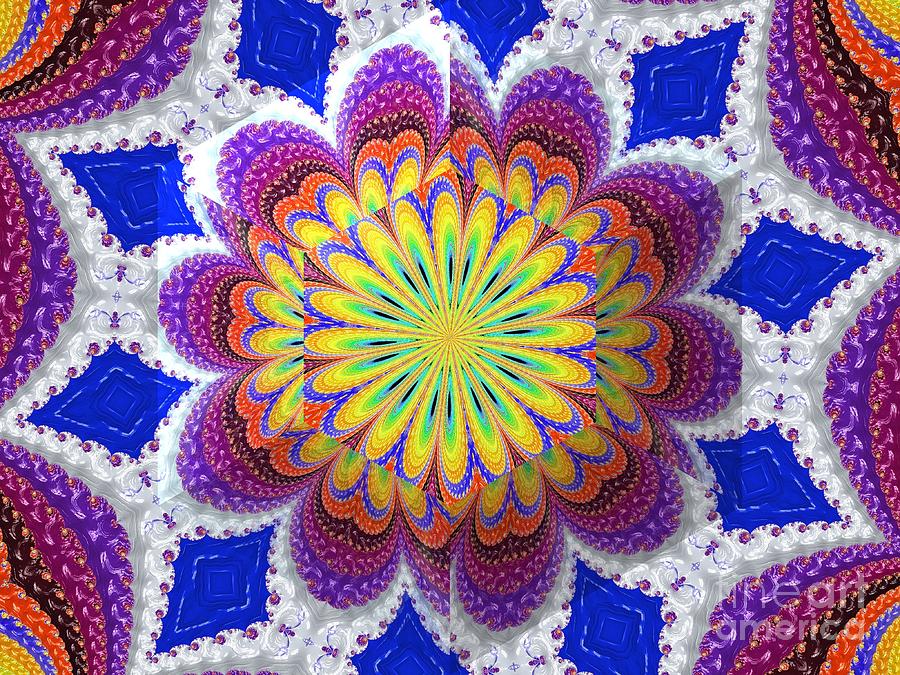 Rainbow Colored Flower Bursting Open Fractal Mandala Abstract Digital Art by Rose Santuci-Sofranko
