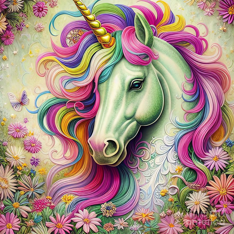 Unicorn Digital Art - Rainbow Colors Daisies Unicorn by Debra Miller