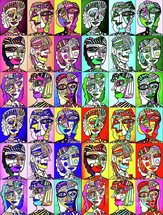 Rainbow Contoured Cubist Portraits Painting by Sandra Silberzweig