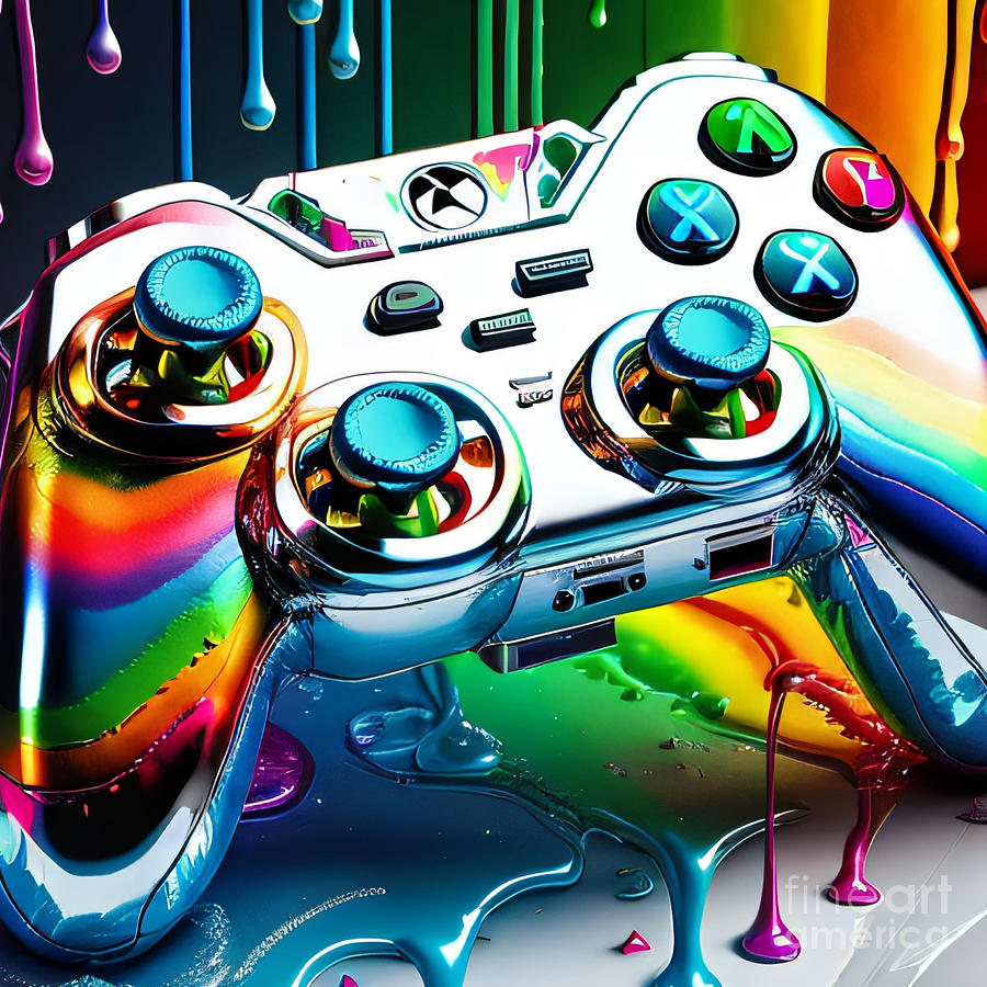 Rainbow Drip Xbox Controller Vibrant Metallic Artwork Digital Art By