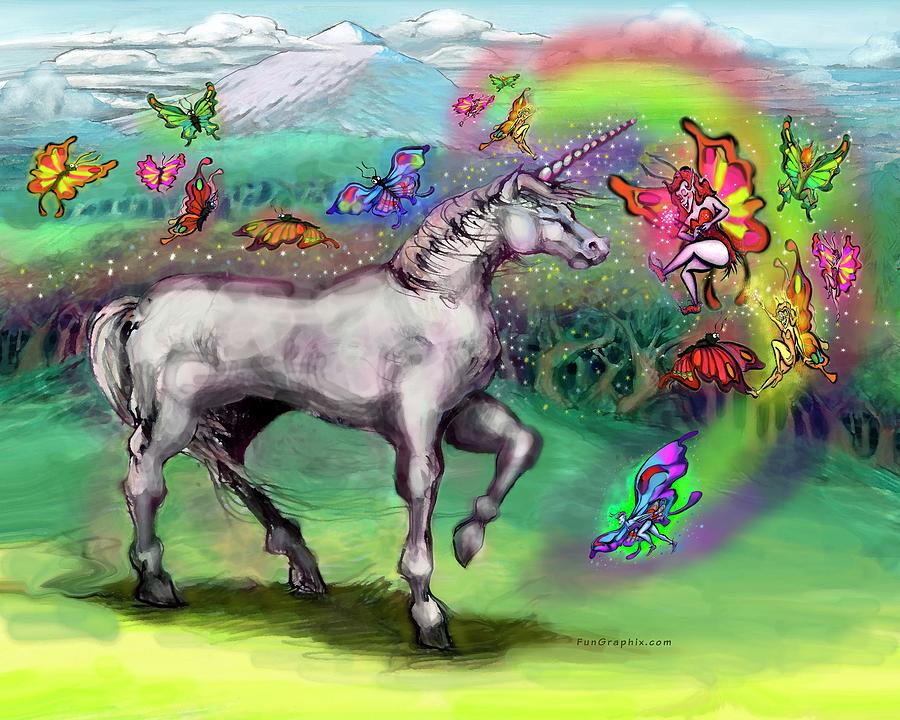 Rainbow Faeries and Unicorn Painting by Kevin Middleton