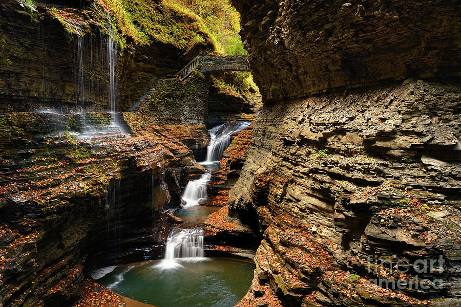 Rainbow Falls and Stone Bridge at Watkins Glen in Finger Lakes Photograph by Tom Schwabel