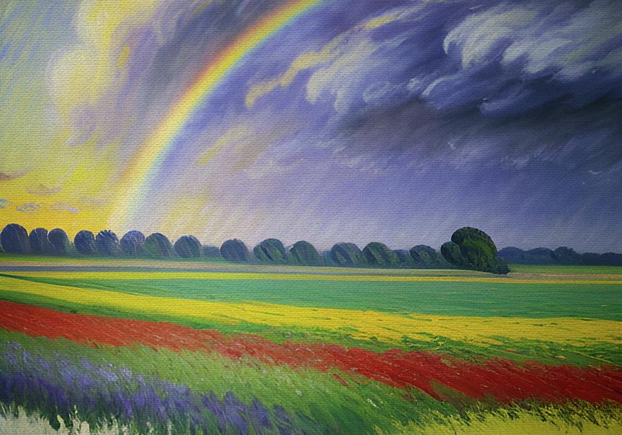 Rainbow Fields and Rainbow Sky Painting by Ally White