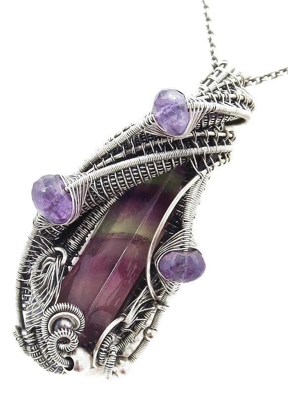 Rainbow Fluorite Pendant with Amethyst, Wire-Wrapped in Sterling Silver ...