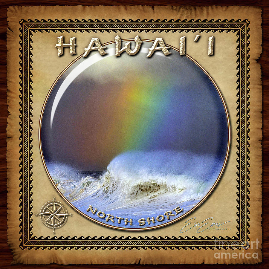 Rainbow on the Banzai Pipeline at the North Shore of Oahu Sphere Image with Hawaiian Style Border Photograph by Aloha Art