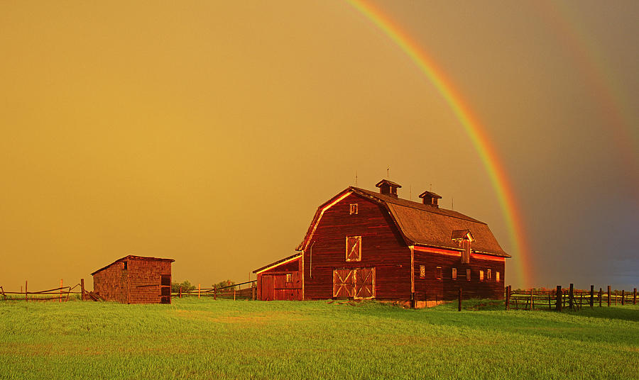 Rainbow Over Barn Photograph by Dave Reede