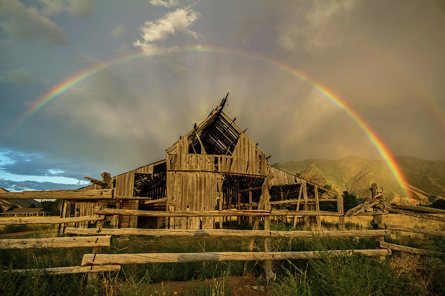 Rainbow over Mapleton Barn Photograph by Wesley Aston