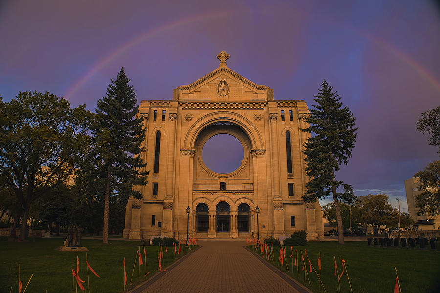 Rainbow over Saint Boniface Cathedral Photograph by Jay Smith