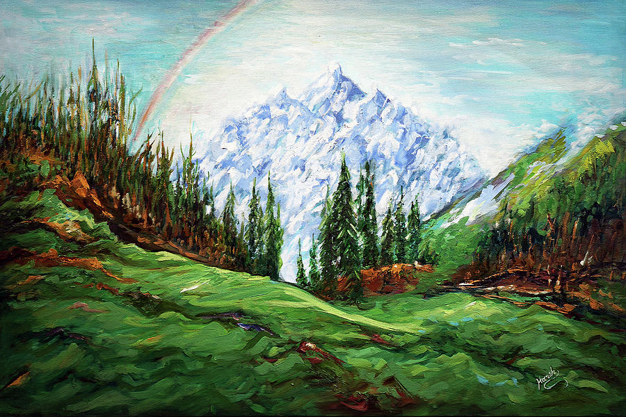 Mountain Painting - Rainbow Over the Snow Covered Mountain by Harsh Malik