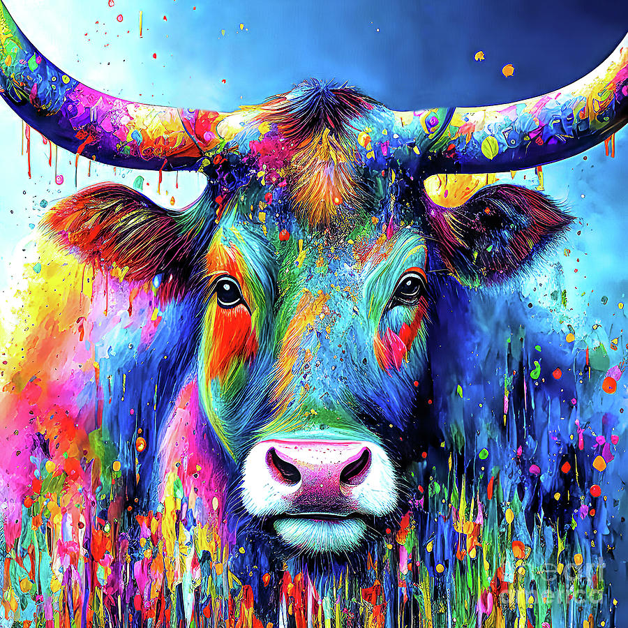 Cow Digital Art - Rainbow Paint Splash Cow by Elisabeth Lucas