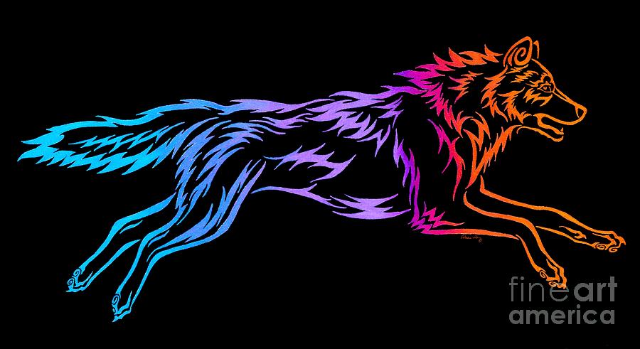 Wolves Drawing - Rainbow Running Tribal Wolf by Rebecca Wang