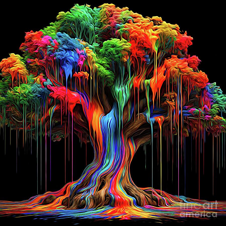 Rainbow Tree with Expressionist and Paint Drip Effects Digital Art by ...